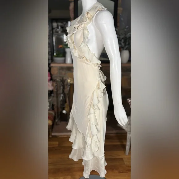 Jean Paul Gaultier Cream Silk & Rayon Backless Ruffle Halter Wrap Dress, Sz L - Picture 6 of 16